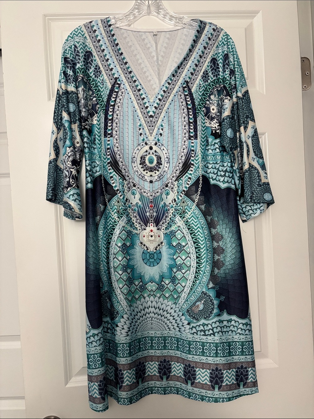 Turquoise & Black V-Neck Printed Women’s Tunic Dress